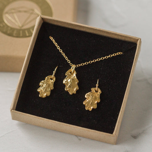 Gold Baby Oak Earrings & Necklace Set