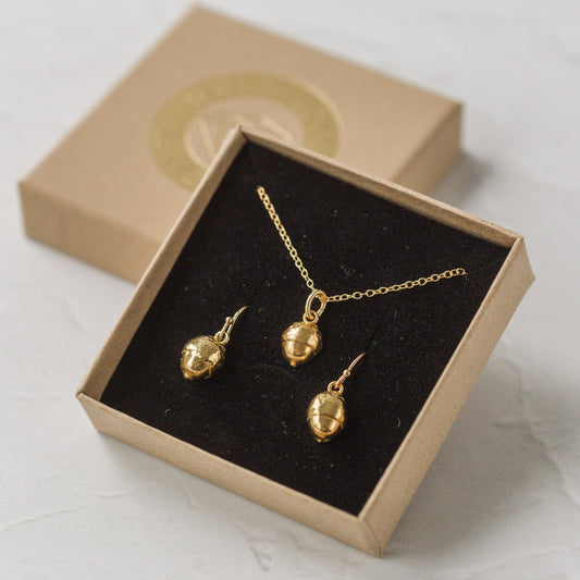 Gold Baby Acorn Earrings & Necklace Set