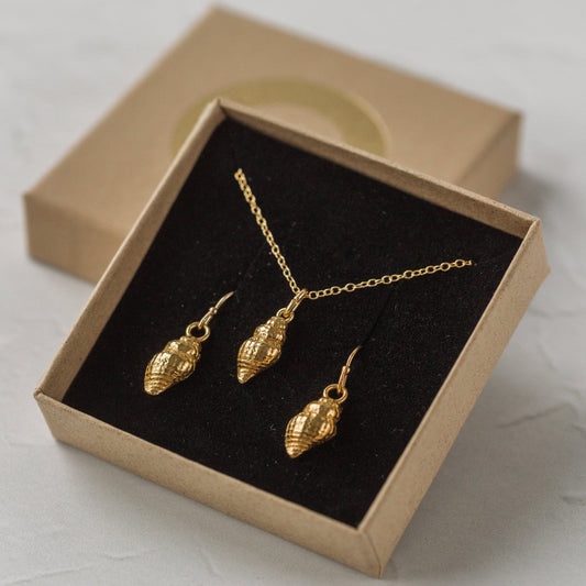 Gold Baby Whelk Shell Earrings & Necklace Set