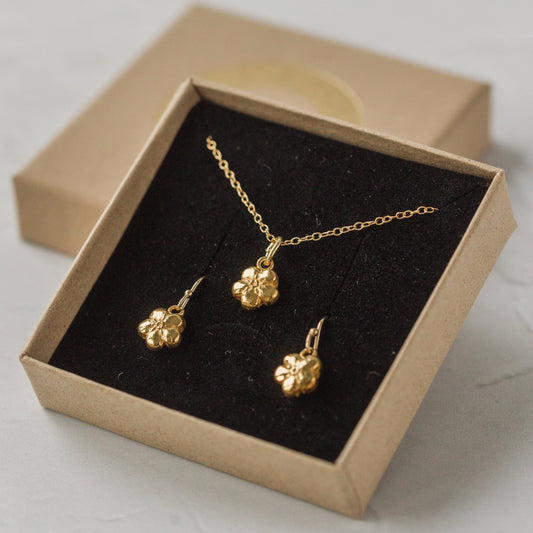 Gold Baby Forget Me Not Earrings & Necklace Set