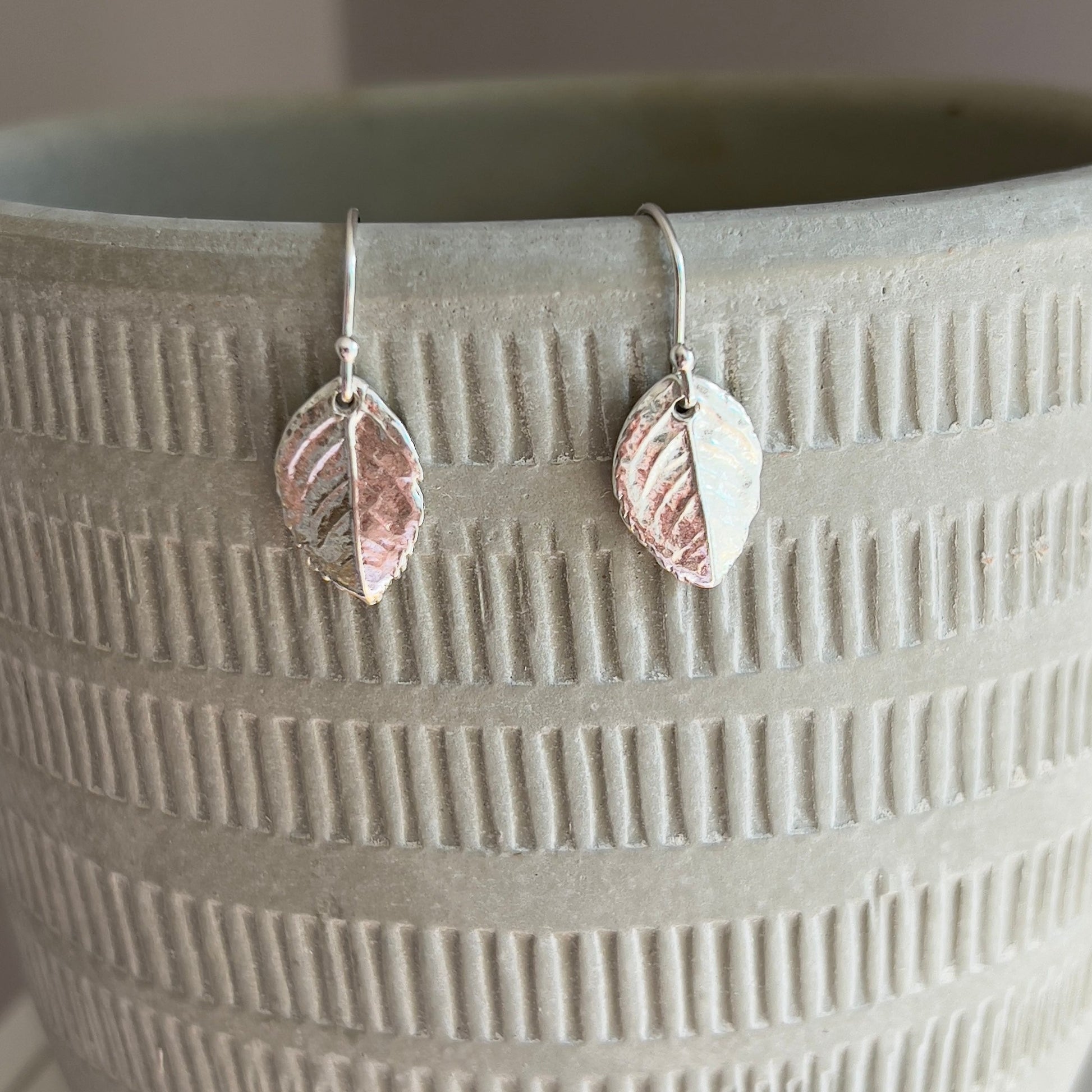 Handmade silver rose leaf earrings